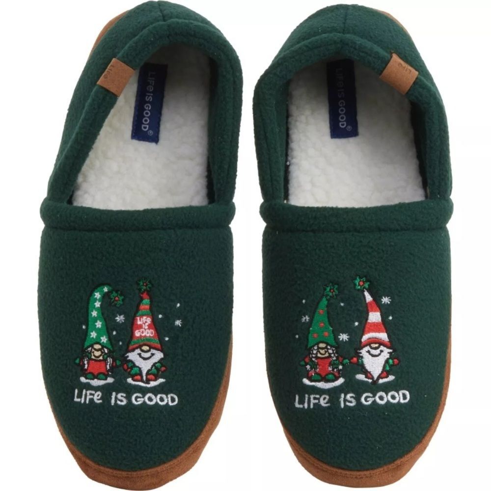 Women’s Life Is Good Christmas Gnomes Slippers fleece Clog Green SIZE 6 new